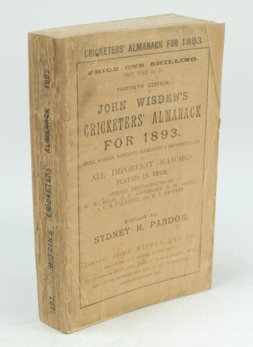 Wisden Cricketers’ Almanack 1893. 30th edition. Original paper wrappers, replacement spine paper. Repairs and restoration to the right hand edge of the front wrapper and top corner of the rear wrapper, some wear and soiling to wrapper and spine otherwise 