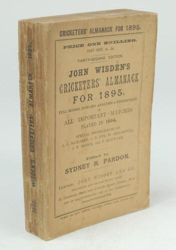 Wisden Cricketers’ Almanack 1895. 32nd edition. Original paper wrappers. Some wear and age toning to wrappers and spine, light foxing otherwise in good+ condition