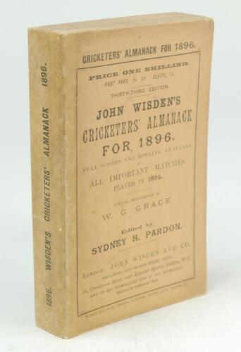 Wisden Cricketers’ Almanack 1896. 33rd edition. Original front paper wrapper, replacement replica rear wrapper and spine paper. Good/very good condition