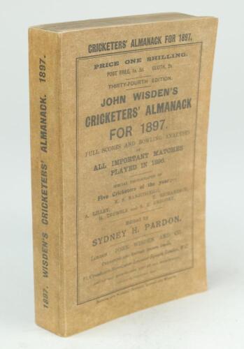 Wisden Cricketers’ Almanack 1897. 34th edition. Original rear paper wrapper, replacement replica front wrapper and spine paper. Tear to rear wrapper, repairs and restoration to the rear wrapper otherwise in good condition