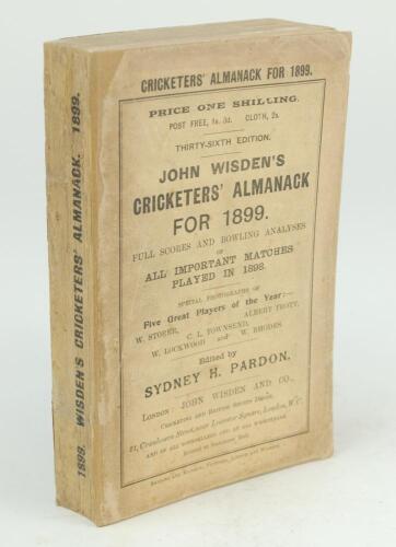 Wisden Cricketers’ Almanack 1899. 36th edition. Original paper wrappers. Possible restoration to spine?. Minor wear with small loss to spine paper, some soiling and age toning to wrappers otherwise in good/very good condition