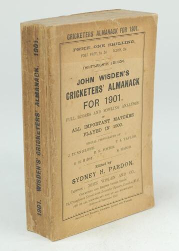 Wisden Cricketers’ Almanack 1901. 38th edition. Original paper wrappers. Appears to have had restoration to the spine?. Tape strip to top border of the inside of the front wrapper, rear wrapper splitting cleanly at the spine, some discolouration to front 