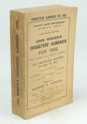 Wisden Cricketers’ Almanack 1902. 39th edition. Original paper wrappers. Possible restoration to spine?. Minor wear with small loss to spine paper, some age toning to wrappers otherwise in good/very good condition