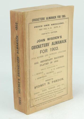 Wisden Cricketers’ Almanack 1903. 40th edition. Original paper wrappers. Appears to have had restoration to the spine?. Some wear with loss to spine paper, some age toning to wrappers otherwise in good/very good condition