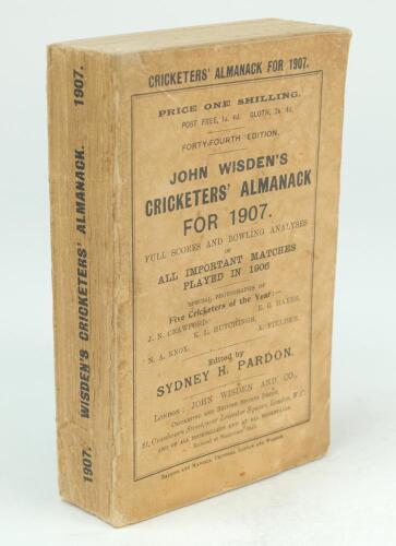 Wisden Cricketers’ Almanack 1907. 44th edition. Original paper wrappers. Wear, soiling and age toning to wrappers and spine paper, very minor repairs to front wrapper otherwise in good condition