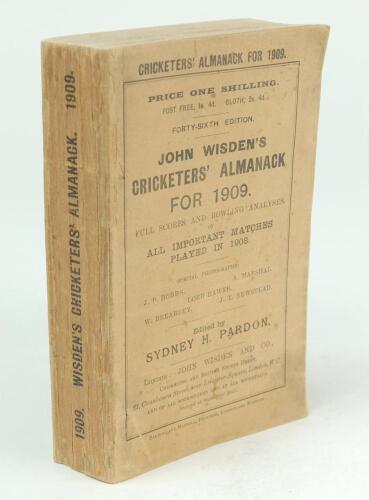 Wisden Cricketers’ Almanack 1909. 46th edition. Original paper wrappers. Some general wear to wrappers and spine paper otherwise in good condition