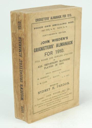 Wisden Cricketers’ Almanack 1910. 47th edition. Original paper wrappers. Some bowing to spine, Some repairs and restoration to edges of wrappers and spine paper otherwise in good condition