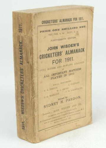 Wisden Cricketers&rsquo; Almanack 1911. 48th edition. Original paper wrappers. Small minor repair and restoration to the top corner of the front and rear wrappers, wear and loss to spine paper otherwise in good condition