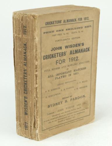 Wisden Cricketers’ Almanack 1912. 49th edition. Original paper wrappers. Wrappers and spine darkened, some breaking to spine block, slitting to the front wrapper next to spine, some wear to spine with loss to spine base otherwise in good condition