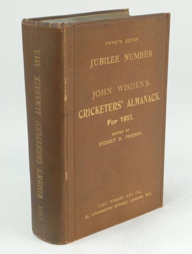 Wisden Cricketers&rsquo; Almanack 1913. 50th (Jubilee) edition. Original hardback. Some wear to board extremities, bumping to rear top corner, top edge and side edge of the rear board, some darkening to spine and the extremities of the front board, some wear to