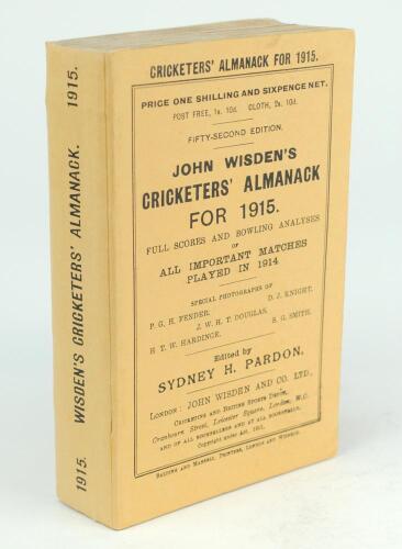 Wisden Cricketers’ Almanack 1915. 52nd edition. Replica wrappers and spine paper, replica first and last advertising pages otherwise in good condition