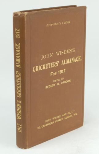 Wisden Cricketers’ Almanack 1917. 54th edition. Original hardback. Very good condition. A rare wartime hardback edition with gilt titles to front board and spine bright