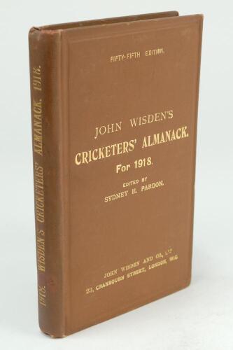 Wisden Cricketers’ Almanack 1918. 55th edition. Original hardback. In unusually very good/excellent condition. A rare wartime hardback edition with gilt titles to front board and spine very bright