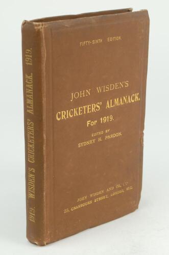 Wisden Cricketers’ Almanack 1919. 56th edition. Original hardback. Bumping to board extremities in particular to the edge of the front board, some minor wear to front board, some bumping to corners, slight soiling, minor damage to yellow rear end paper ot