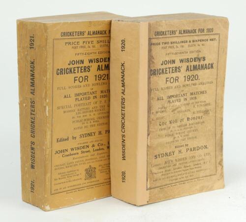 Wisden Cricketers’ Almanack 1920 and 1921. 57th & 58th editions. Original paper wrappers. The 1920 edition with replacement spine, soiling and wear to wrappers, loss to the top corner of the rear wrapper, the 1921 edition with minor wear to spine paper, t