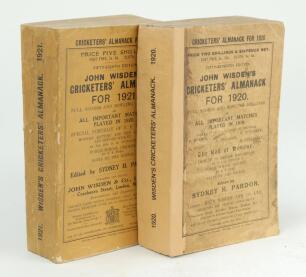 Wisden Cricketers’ Almanack 1920 and 1921. 57th & 58th editions. Original paper wrappers. The 1920 edition with replacement spine, soiling and wear to wrappers, loss to the top corner of the rear wrapper, the 1921 edition with minor wear to spine paper, t