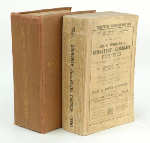 Wisden Cricketers’ Almanack 1922 and 1923. 59th & 60th editions. Original paper wrappers. The 1922 edition with bound in brown board with original front wrapper and replica rear wrapper, the 1923 edition with replacement spine, wear to wrappers, old tape 