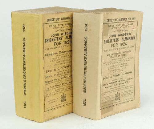 Wisden Cricketers’ Almanack 1924 and 1929. 61st & 66th editions. Original paper wrappers. Both editions with replacement spine papers. The 1924 edition with worn and faded wrappers, old tape marks to edge of front wrapper, minor ink annotation to front wr