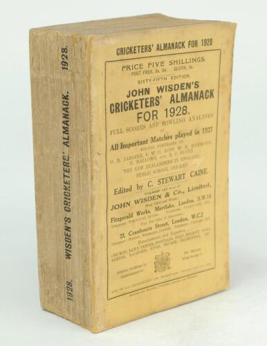 Wisden Cricketers’ Almanack 1928. 65th edition. Original paper wrappers. Worn rear wrapper and spine paper which have both been restored otherwise in good condition