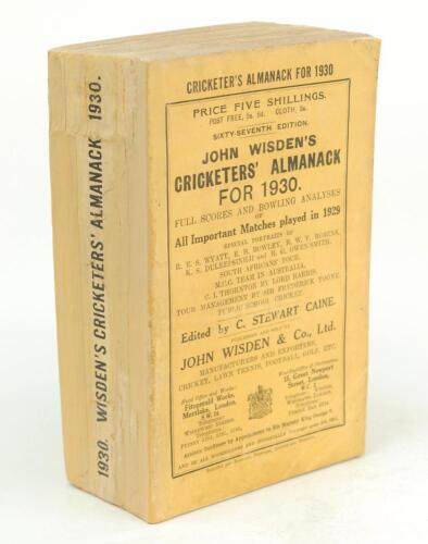 Wisden Cricketers&rsquo; Almanack 1930. 67th edition. Original paper wrappers. Very minor repair to corner of front wrapper, nick to top edge of the rear wrapper, restoration to the spine otherwise in good condition