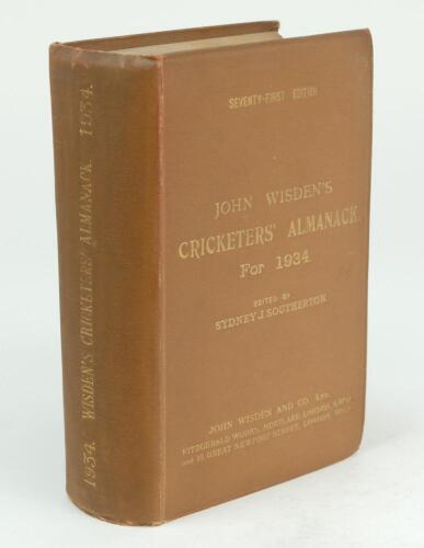 Wisden Cricketers’ Almanack 1934. 71st edition. Original hardback. Some slight dulling to the gilt titles on the front board and the spine paper, very minor wear to board extremities otherwise in good/very good condition.