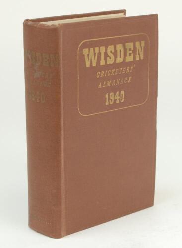 Wisden Cricketers’ Almanack 1940. 77th edition. Original hardback. Limited number of copies printed in this war year, some slight dulling to the gilt titles on the spine paper, some wear to the front internal hinge otherwise in good/very good condition. A