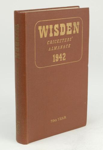 Wisden Cricketers’ Almanack 1942. 79th edition. Original hardback. Only 900 hardback copies were printed in this war year. Dulling to the gilt titles on the spine paper otherwise in very good condition with gilt titles to front board bright. A rare wartim