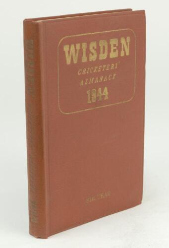 Wisden Cricketers’ Almanack 1944. 81st edition. Original hardback. Only 1500 hardback copies were printed in this war year. Dulled gilt titles on spine paper, some slight dulling to the gilt titles on the front board otherwise in very good condition. A ra