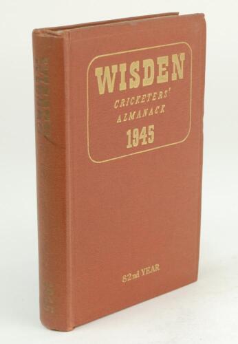 Wisden Cricketers’ Almanack 1945. 82nd edition. Original hardback. Only 1500 hardback copies were printed in this war year. Dulling to gilt titles on spine paper, light bump to edge of front board otherwise in good/very good condition. A rare wartime edit