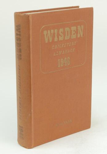 Wisden Cricketers’ Almanack 1946. 83rd edition. Original hardback. Only 5000 hardback copies were printed in this post war year. Some dulling to the gilt titles on the front board and spine paper, general wear to boards otherwise in good/very good conditi