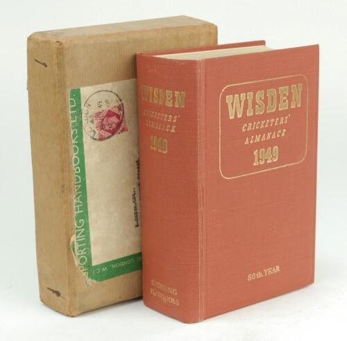 Wisden Cricketers’ Almanack 1949. Original hardback. Some minor creasing to the spine paper, breaking and broken front and rear internal hinges otherwise in good/ very good condition. The book presented in its original ‘Sporting Handbooks Ltd’ postal box 