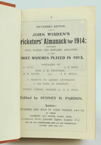 Wisden Cricketers’ Almanack 1914. 51st edition. Bound in brown boards lacking original paper wrappers, front two advertising pages and last advertising page otherwise in good/very good condition