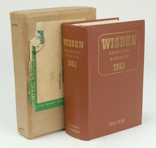 Wisden Cricketers’ Almanack 1962. Original hardback. Very good condition. The book presented in its original ‘Sporting Handbooks Ltd’ postal box with the original receipt to a William Hague of Sheffield