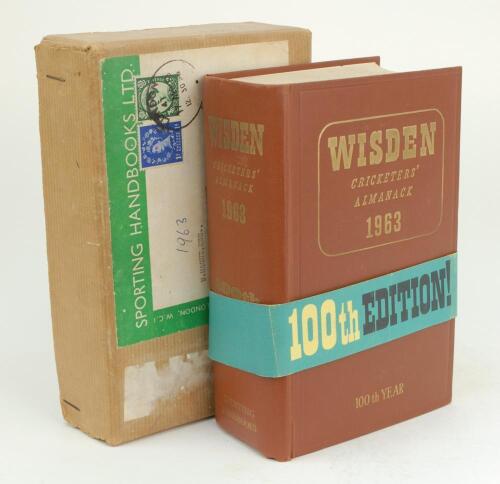 Wisden Cricketers’ Almanack 1963. Original hardback. Very good condition. The book presented in its original ‘Sporting Handbooks Ltd’ postal box with the original receipt to a William Hague of Sheffield. The book has its original wrap-around blue advertis