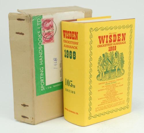 Wisden Cricketers’ Almanack 1968. Original hardback with dustwrapper. Very good to excellent condition. The book presented in its original ‘Sporting Handbooks Ltd’ postal box to a William Hague of Sheffield