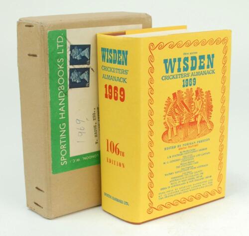 Wisden Cricketers’ Almanack 1969. Original hardback with dustwrapper. Very good to excellent condition. The book presented in its original ‘Sporting Handbooks Ltd’ postal box to a William Hague of Sheffield