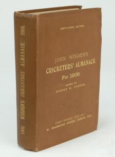 Wisden Cricketers’ Almanack 1906. 43rd edition. Original hardback. Bumping to top of the board corners, general wear to boards otherwise in good/very good condition