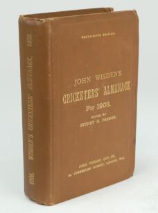 Wisden Cricketers’ Almanack 1908. 45th edition. Original hardback. Some minor wear to board extremities, some bumping to corners, odd minor marks to boards otherwise in good/very good condition