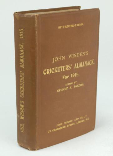 Wisden Cricketers’ Almanack 1915. 52nd edition. Bound in brown boards, lacking original wrappers, with boards, gilt titles almost identical in typeface and positioning as an original hardback edition. Pages checked, complete. Some slight bumping to corner