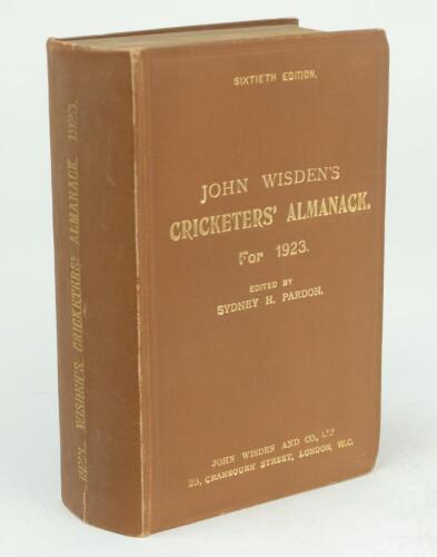 Wisden Cricketers’ Almanack 1923. 60th edition. Original hardback. Some wear to board extremities, light crease to spine paper, some soiling to page block edge otherwise in good to very good condition