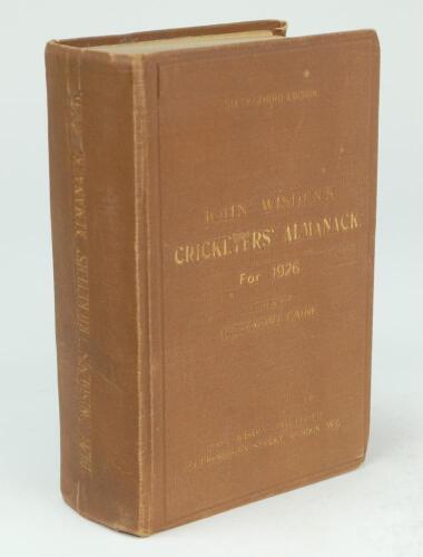 Wisden Cricketers’ Almanack 1926. 63rd edition. Original hardback. Wear to boards and spine paper, fading to gilt titles, creasing to spine paper, some wear to board extremities, internally good condition