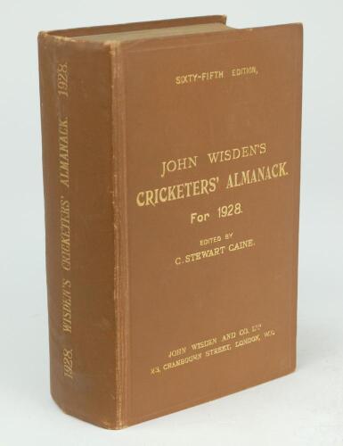 Wisden Cricketers’ Almanack 1928. 65th edition. Original hardback. Small light creasing front board and spine paper, some minor wear to board extremities otherwise in good/ very good condition