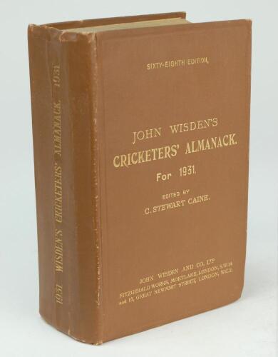 Wisden Cricketers’ Almanack 1931. 68th edition. Original hardback. Some minor wear to board extremities, some creasing and wear to the spine paper, very minor bump to the top edge of the rear board otherwise in good/very good condition, very good internal