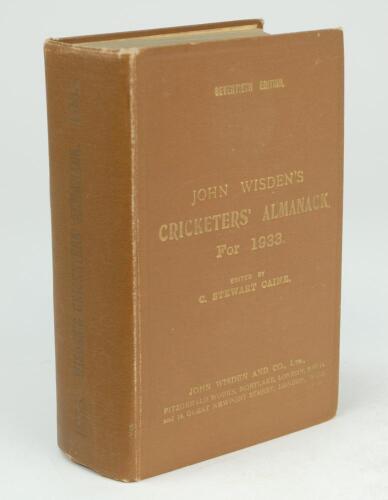 Wisden Cricketers’ Almanack 1933. 70th edition. Original hardback. Some very minor wear to boards, almost total loss of gilt titles to spine, some slight dulling to the titles on the front board, odd minor faults otherwise in good/very good condition