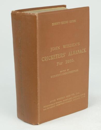 Wisden Cricketers’ Almanack 1935. 72nd edition. Original hardback. Some very minor wear to boards and spine, almost total loss of gilt titles to spine otherwise in good/very good condition, internally very good