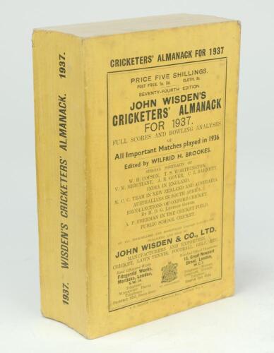 Wisden Cricketers’ Almanack 1937. 74th edition. Original paper wrappers. Minor bowing to spine, slight foxing to front wrapper otherwise in good/very good condition