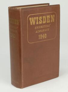 Wisden Cricketers’ Almanack 1940. 77th edition. Original hardback. Some wear to front internal hinge, breaking to rear hinge, ex-libris (Southwark Library) with library hand stamps to at least 14 pages, the stamps mainly small and circular, two are slight