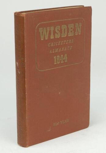 Wisden Cricketers’ Almanack 1944. 81st edition. Original hardback. Only 1500 hardback copies were printed in this war year. Dulled gilt titles on spine paper, minor marks to front board and spine, some wear to internal hinges otherwise in good condition. 