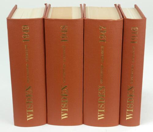 Wisden Cricketers’ Almanack 1946 to 1949. All four editions bound in uniform brown boards with titles in gilt to spines, The 1946 edition with original limp cloth covers, the other three editions lacking covers. Very good condition throughout