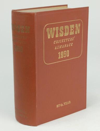 Wisden Cricketers’ Almanack 1950. Original hardback. Some slight dulling to gilt titles on the spine, some browning to first and last advertising pages otherwise in good+ condition